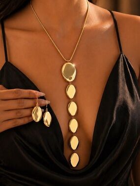 Elegant Gold Drop Necklace and Earrings Set - Women Jewelry